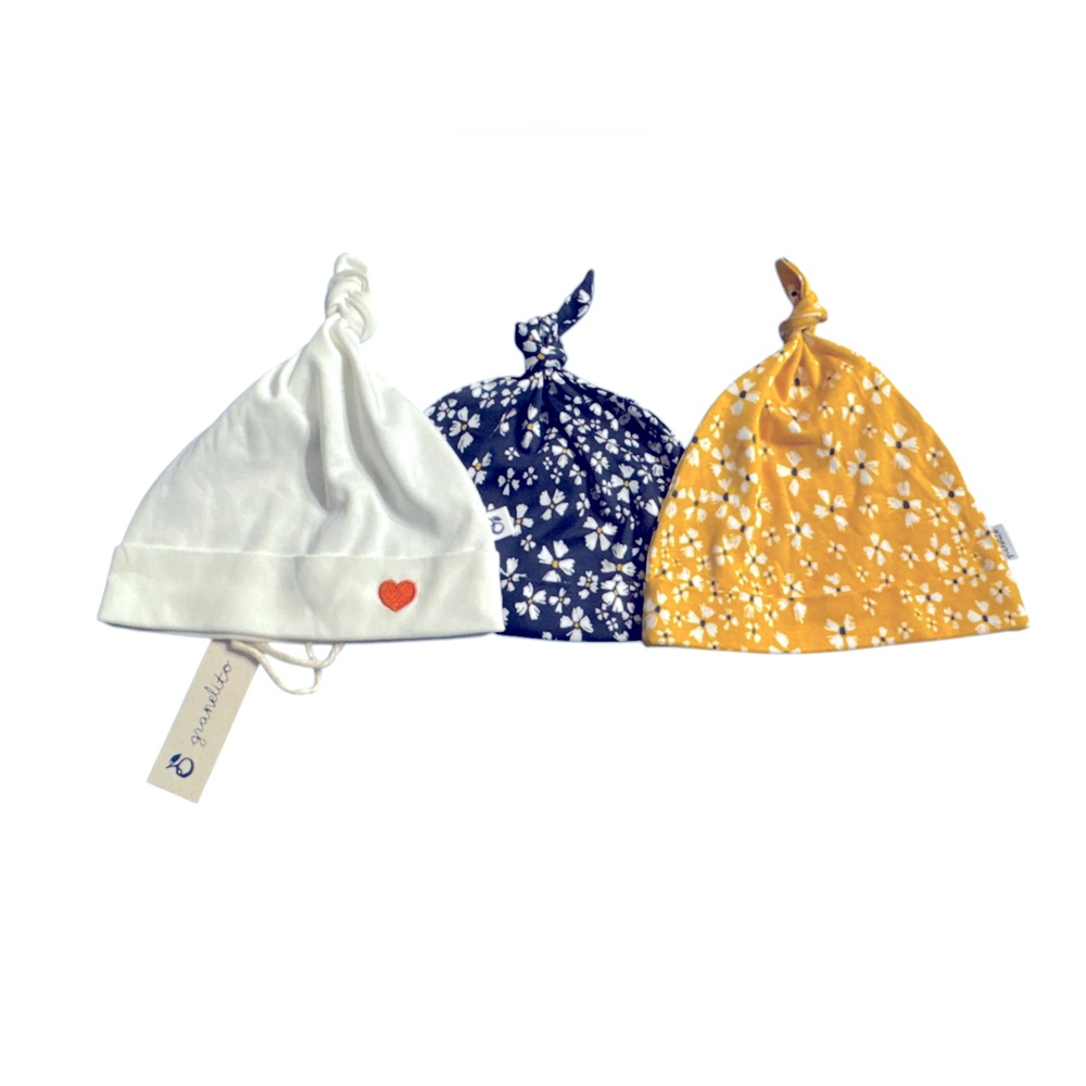 Granelito Kids Knotted Beanie Set - White, Blue, Yellow